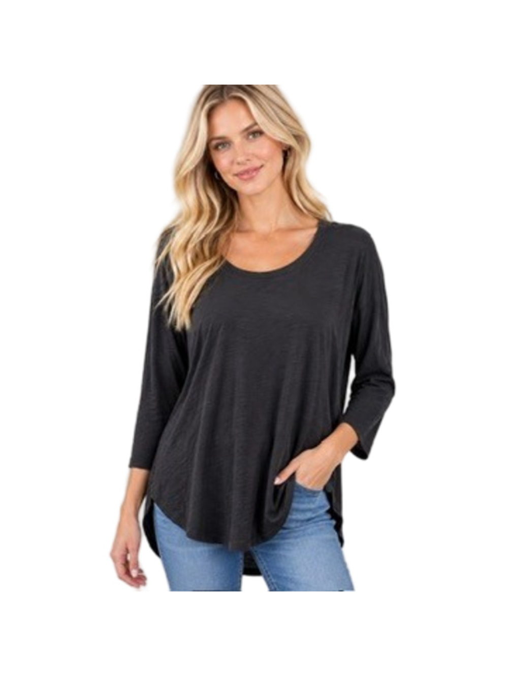 Escape Habitat Black Cotton Slub Knit Tunic Top Size L Boho Artsy Lagenlook
